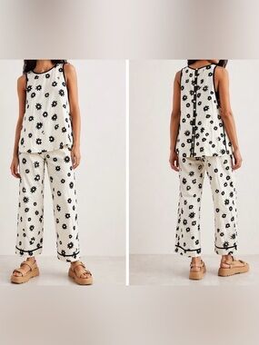 Free People - White Two-Piece Floral Linen pant set with Black Daisy Print
